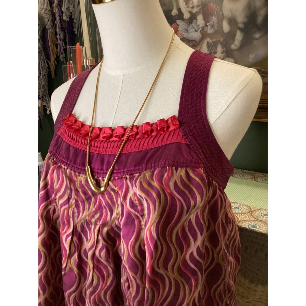 Intuitions Silk Blend Wavy Print Ruffle Tank Top Plum Pink Small Racerback Zip - Picture 2 of 5